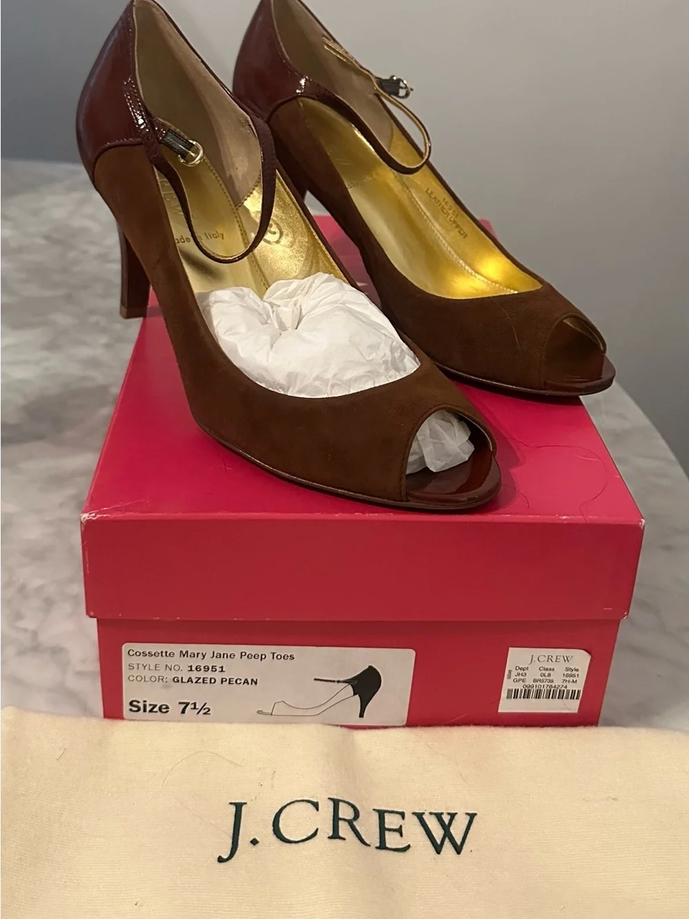 J. Crew Cossette Mary Jane Peep Toe Heels in Glazed Pecan Brown